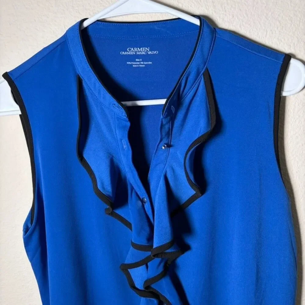 Carmen Marc Valvo Tank Top Women's Small Blue Button Up Ruffle Sleeveless Shirt - Picture 3 of 7
